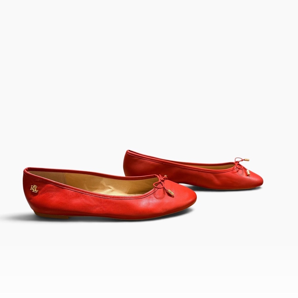 Lauren Ralph Lauren Jayna Red Leather Ballet Flats Gold Logo Size 10